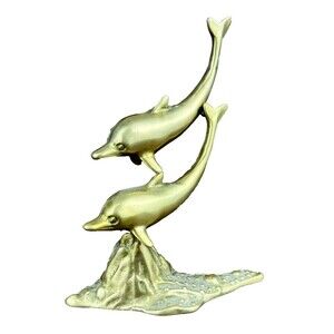 Vintage Brass Swimming Pair of Dolphins Nautical Statue Sculpture